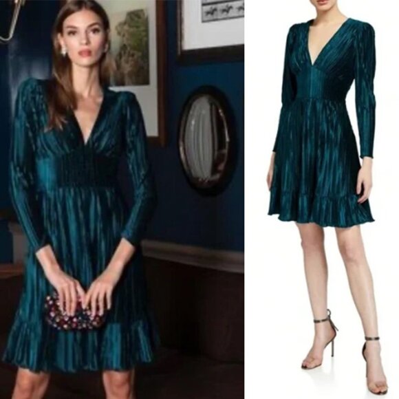 Shoshanna Dresses & Skirts - NWT Shoshanna Laine Emerald Green Ribbed Velvet Pleated V-cut Cocktail Dress
